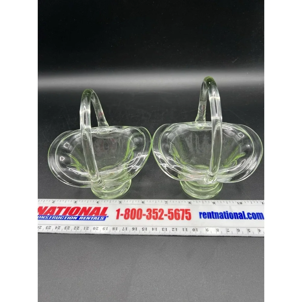Lot Of 2 Vintage Green Small Glass Basket Candy Dish